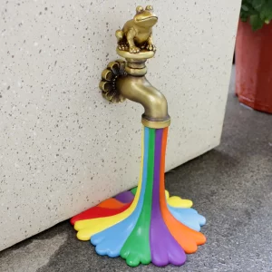 Frog Rainbow Faucet Ornament Resin Garden Decoration, Water Tap Statue for Outdoor Patio Decor