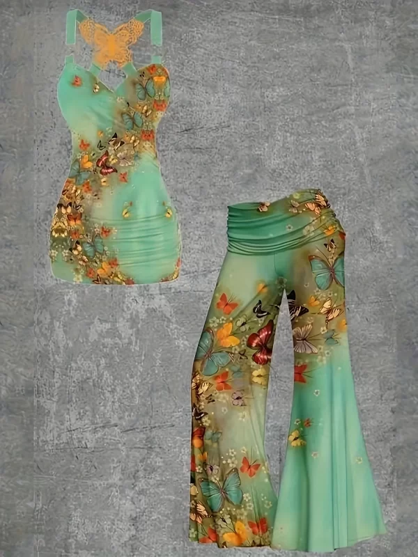 Butterfly Lace Cross Vest and Wide Leg Pants Outfit