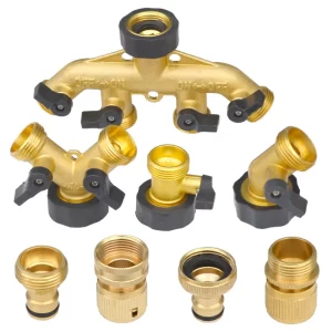Heavy Duty 4-way Garden Hose Splitter Shut off valves All Brass Stainless Ball